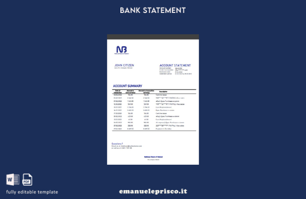 modello word di estratto conto bancario della Banca nazionale del Malawi stile v